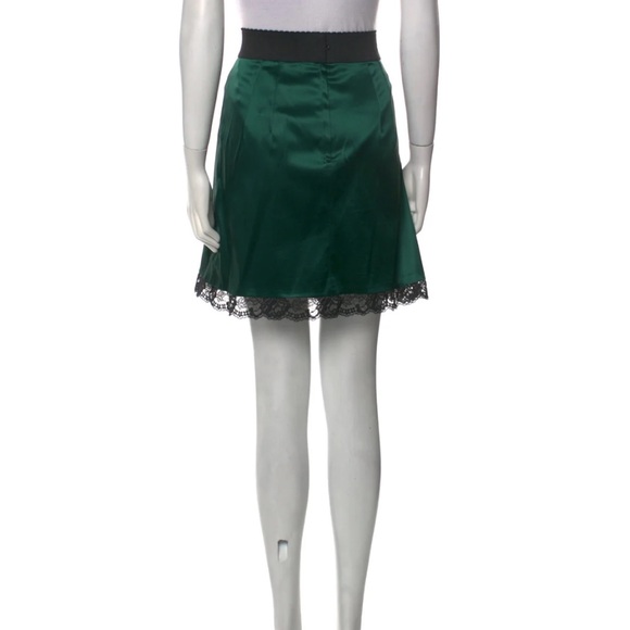 Dolce & Gabbana Green Silk Mini Skirt Black Lace Trim Women’s Size 6 / 42 / S - Picture 3 of 10